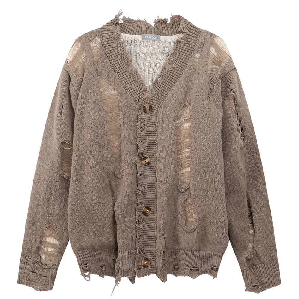 

Разорванный двухслойный свитер-кардиган, мужской осенний свитер с дырками, мужские свитера черного цвета хаки