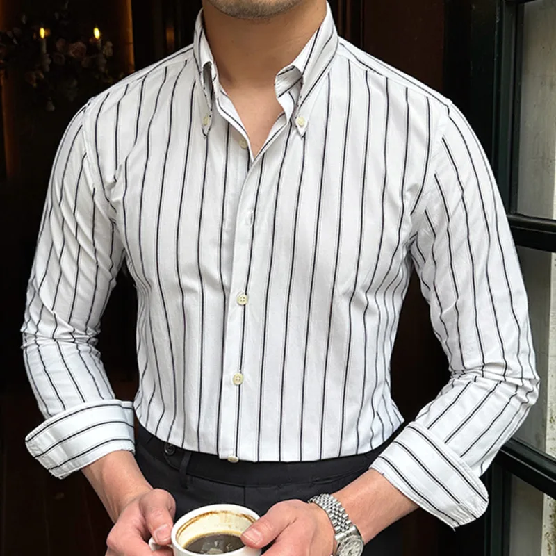 

Summer Men Color Contrast Striped Shirt Long Sleeve Slim Hairstylist Shirts Men Office Tuxedo Stripe Shirt Social Herren Hemd