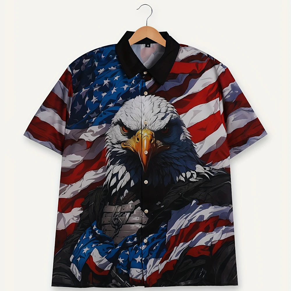American Flag Print Veteran Men's Short Sleeve Shirt Fighting Eagle Comrade Party Wear Oversized Top 2