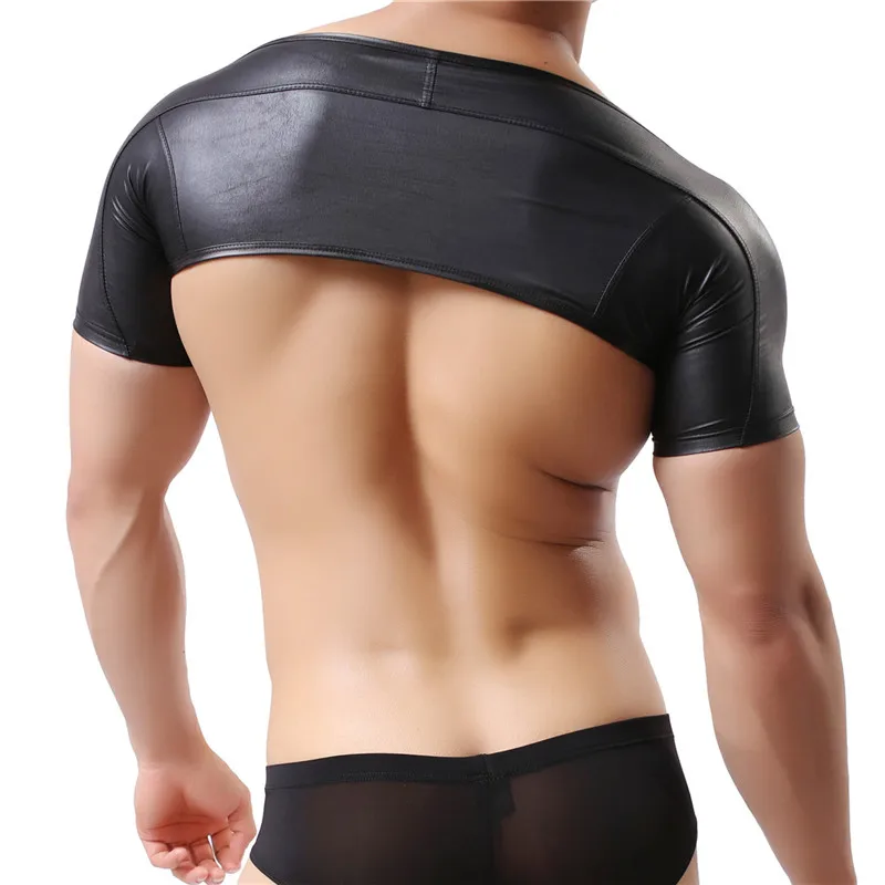 Sexy Mens Wet Look Faux Leather Crop Tops Muscle Arm Short Sleeves Shrug Stage Dance Clubwear Tight Long Pants Men Clothes Set