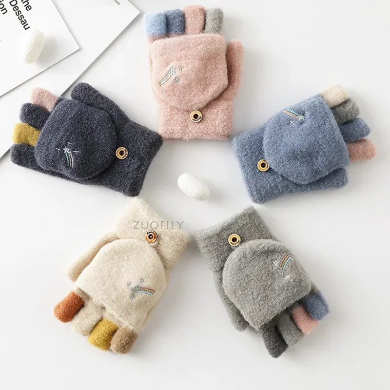 Cute Cartoon Kids Five-finger Flip Knit Mittens Plush Baby Gloves Children Boy Girls Winter Soft Warm Thick Half Finger Glove
