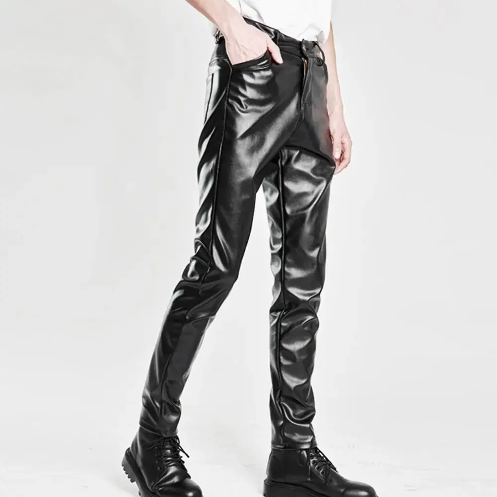 Men Leather Pants Slim Fit Elastic Glossy Mid Waist Breathable Pockets Ankle Length Streetwear Hip Hop Club Pencil Pants