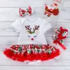 0-24Months Infant Baby Girls Christmas Outfits Cartoon Deer Printed Short Sleeve Romper Tutu Skirt With Headband Shoes 3Pcs Set 1