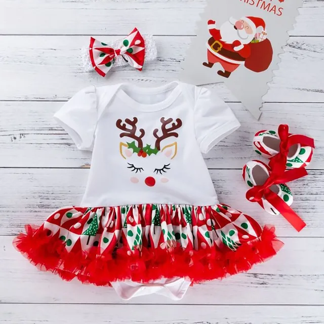 0-24Months Infant Baby Girls Christmas Outfits Cartoon Deer Printed Short Sleeve Romper Tutu Skirt With Headband Shoes 3Pcs Set 1