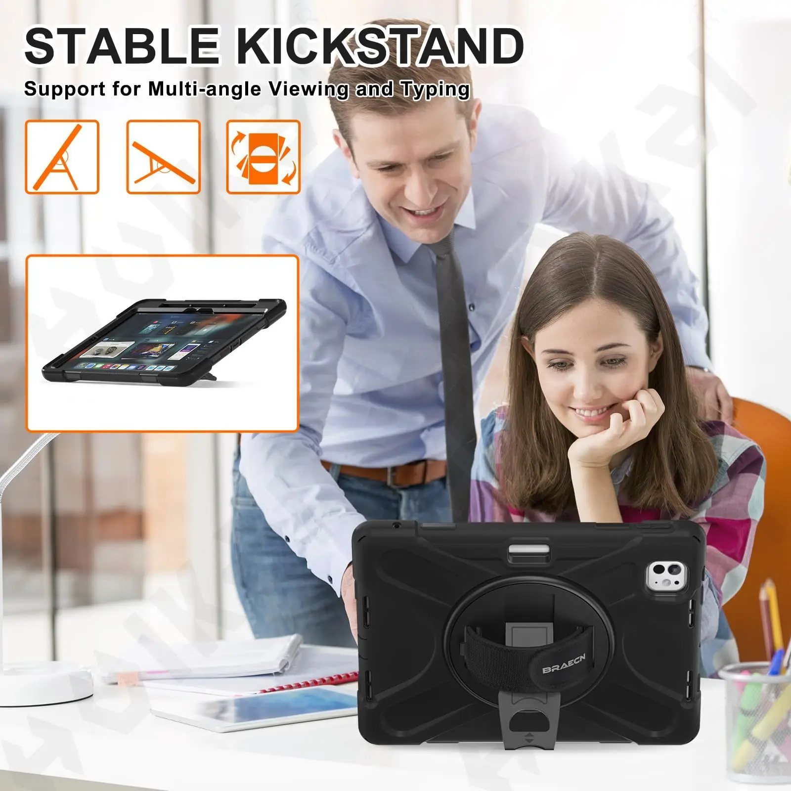 Heavy Duty Rotating Shockproof Tablet Case with Stand and Hand/Shoulder Strap - Black