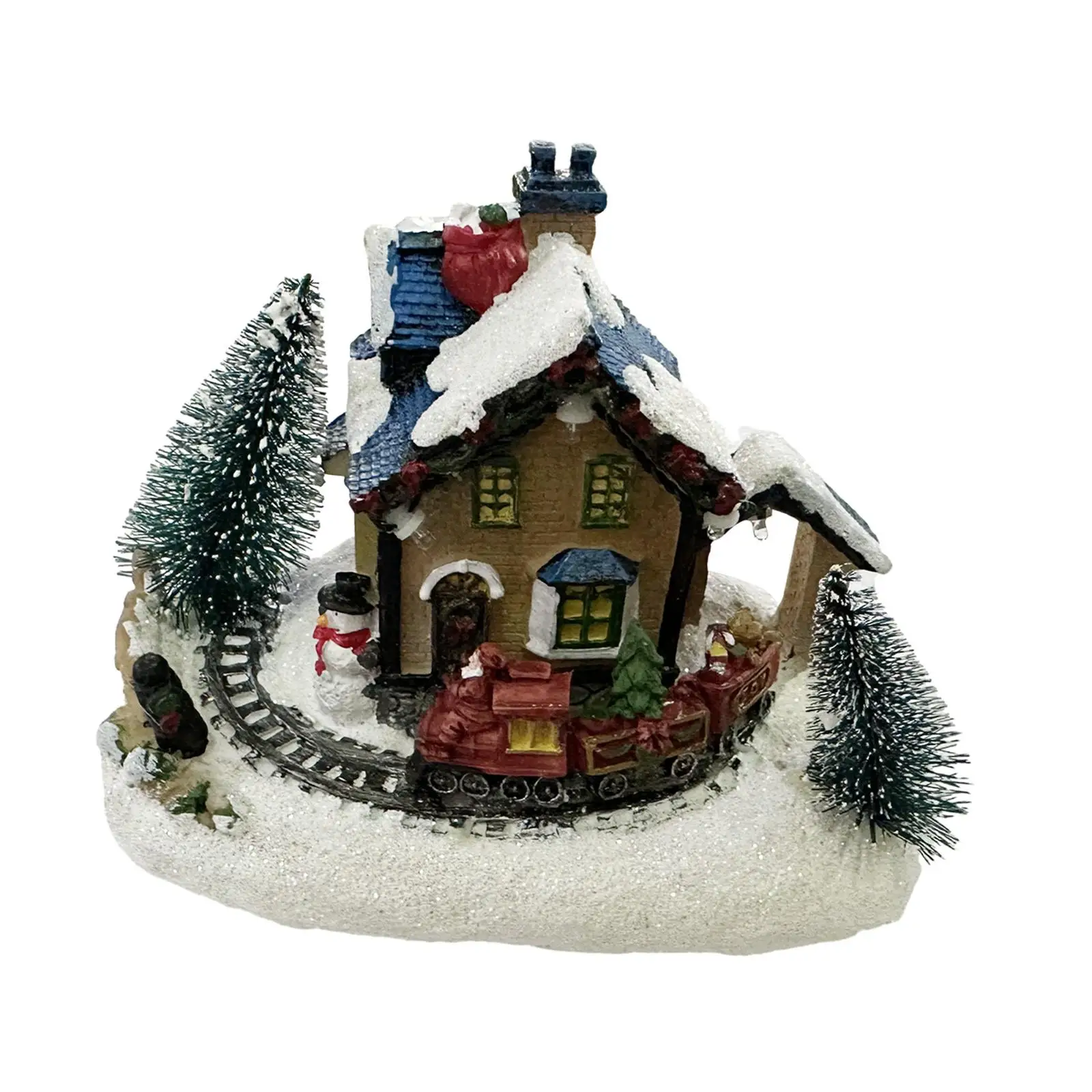 

Christmas Village Figurine LED Lights Small Train Christmas House Luminous Landscape Figurines Resin Desktop Ornament