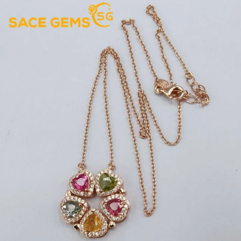 

SACE GEMS New 925 Sterling Silver 5*5MM Natual Tourmaline Pendant Necklaces for Womne Engagement Cocktail Party Fine Jewelry