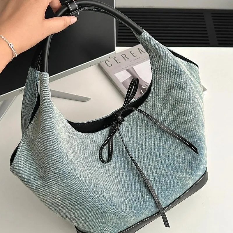 JIAERDI Vintage Bow Denim Handbag Women New Harajuku Patchwork Chic Casual Shoulder Bags Ladies Hot Girls Blue Underarm Bag Y2k