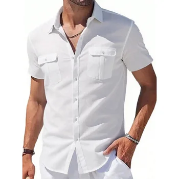 Cotton Linen Short Sleeves Shirts for Men Cargo Shirt Hawaiian Beach Button Top Summer Holiday Solid Color Lightweight Tees 1