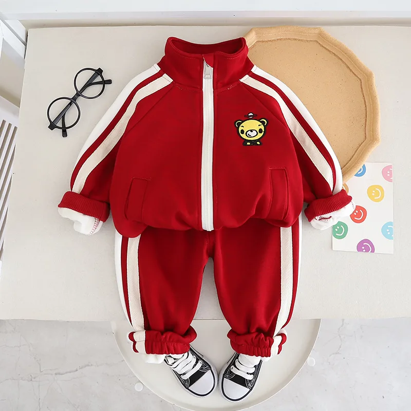 

2023 Children Boy Winter 2PCS Clothes Set Cartoon Bear Cotton Outwear Coat Patched Fleece Pant Baby Boy Tracksuit Kid Boy Outfit