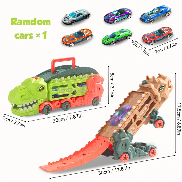 Transport Dinosaur Truck with Foldable Sliding Race Track, Transforms into Standing T-Rex & Trike, Best Birthday Gift for Kids 6
