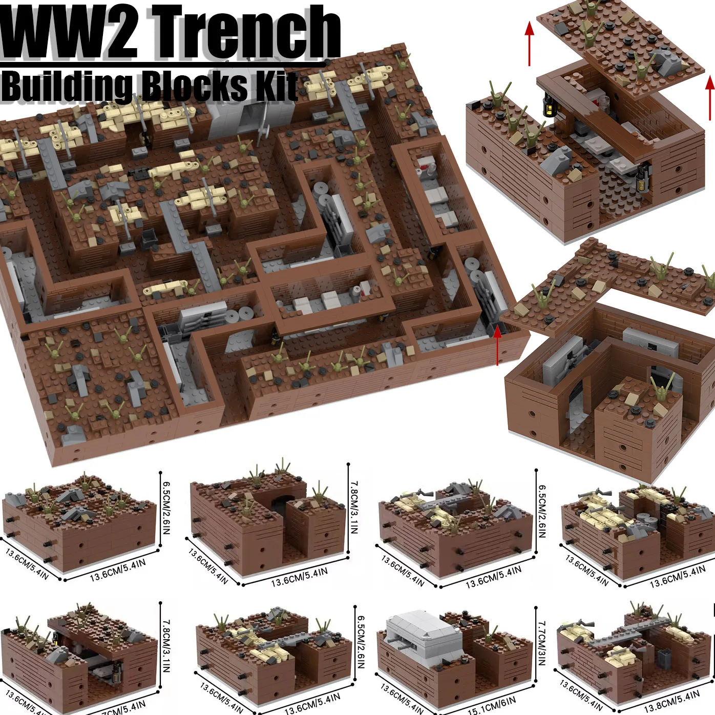 

WW2 Military Trench Building Blocks Kit Soldiers Army Figures War Scene Ruins Weapons Blockhouse Battlefield Bricks Toys Boys