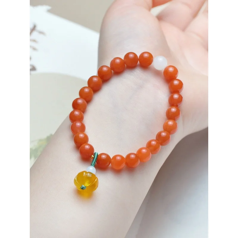 

Natural South Red Agate Bracelet with Hetian White Jade Beeswax Pumpkin Beads