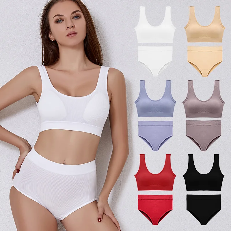 

Women Seamless Bra Set Sexy Thong Low Waist Panties Wire Free Bra Bralette Lingerie Brassiere Cotton Female Underwear Set