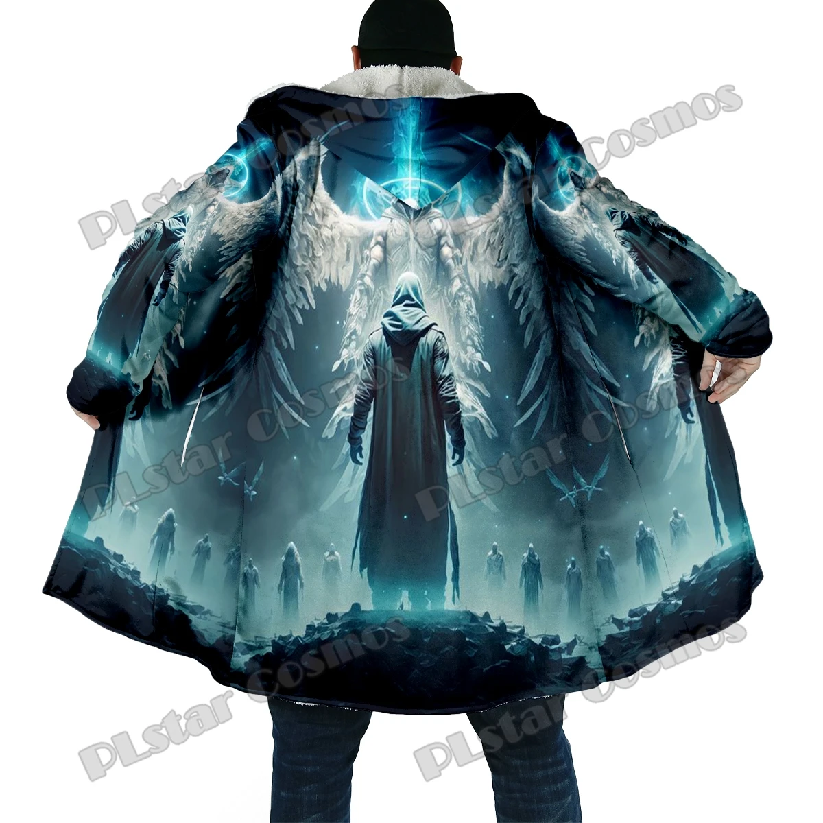 Winter Fashion Men's cloak Halloween Crow Skull Pattern 3D Printed Thick Fleece Hooded Cloak Unisex Casual Warm Cape Coat DP61