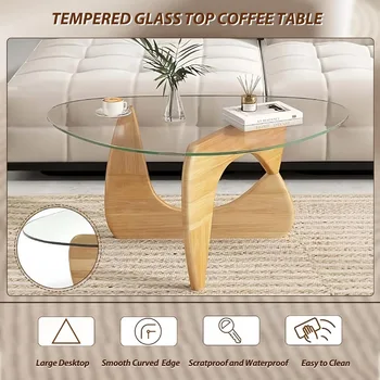 MidCentury Modern Coffee Table Triangle Glass Top tural Wood Base Triangle Coffee Table for Living Room Patio Office Abstract E 5