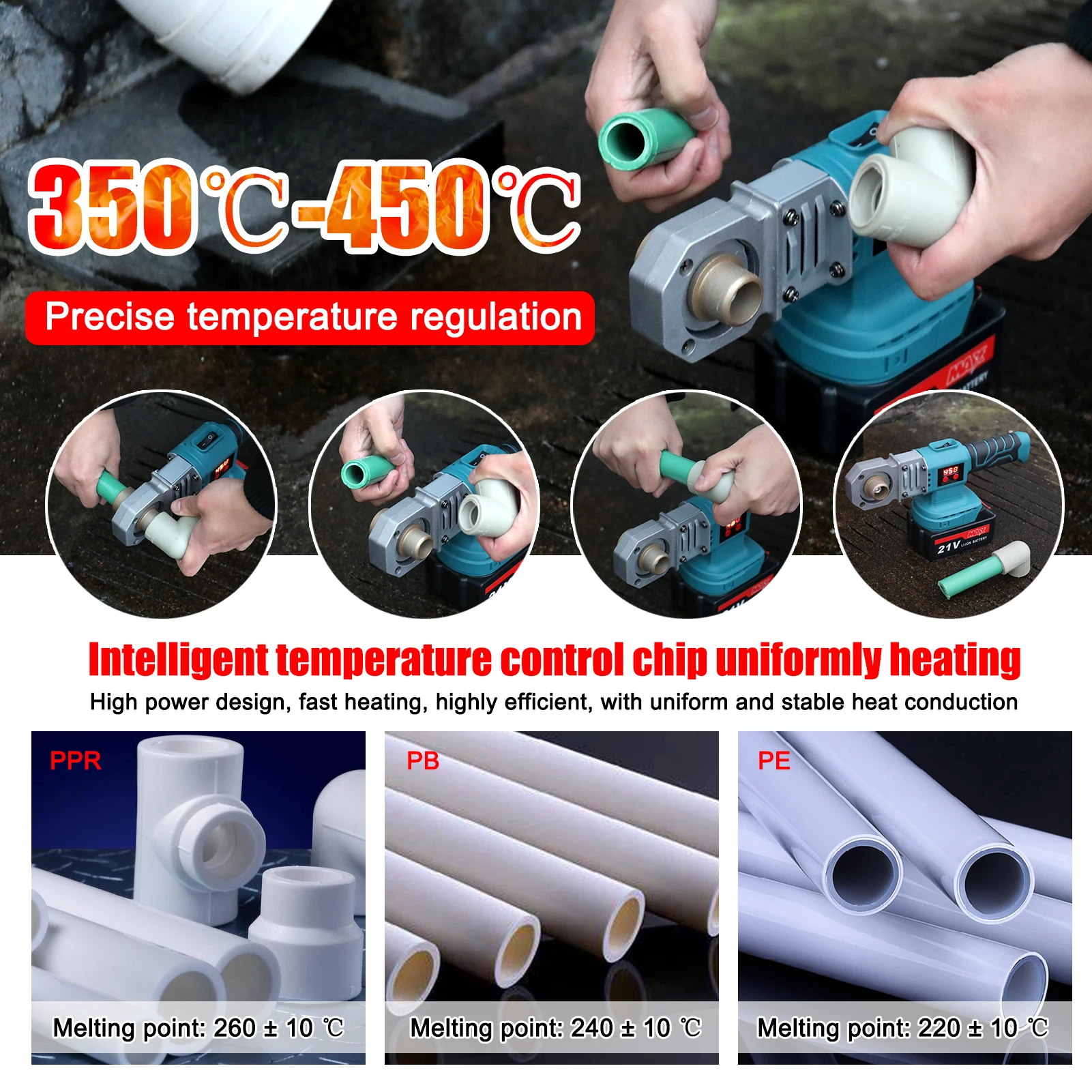 PPR Pipe Welding Machine Cordless Water Pipes Melting Device With 20/25/30mm Replacement Heads Fuse Machine For Makita Battery 2
