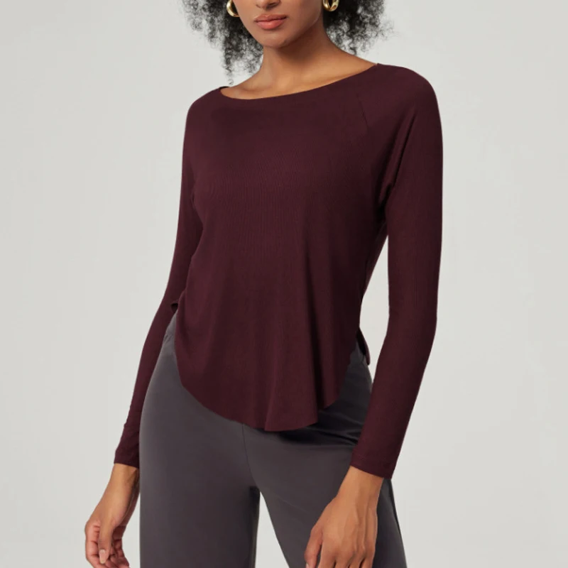 여성용 긴팔 요가 셔츠, 단색 경량 러닝 탑, 느슨한 통기성 속건성 체육관 블라우스, 여성 운동복