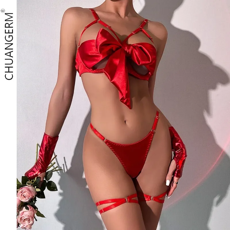 

CHUANGERM Sexy Bowknot Lingerie Open Bra Lace Up Sexy Underwear 3-Piece Satin Erotic Outfit Girl Set Lingerie Sexy Woman Push Up