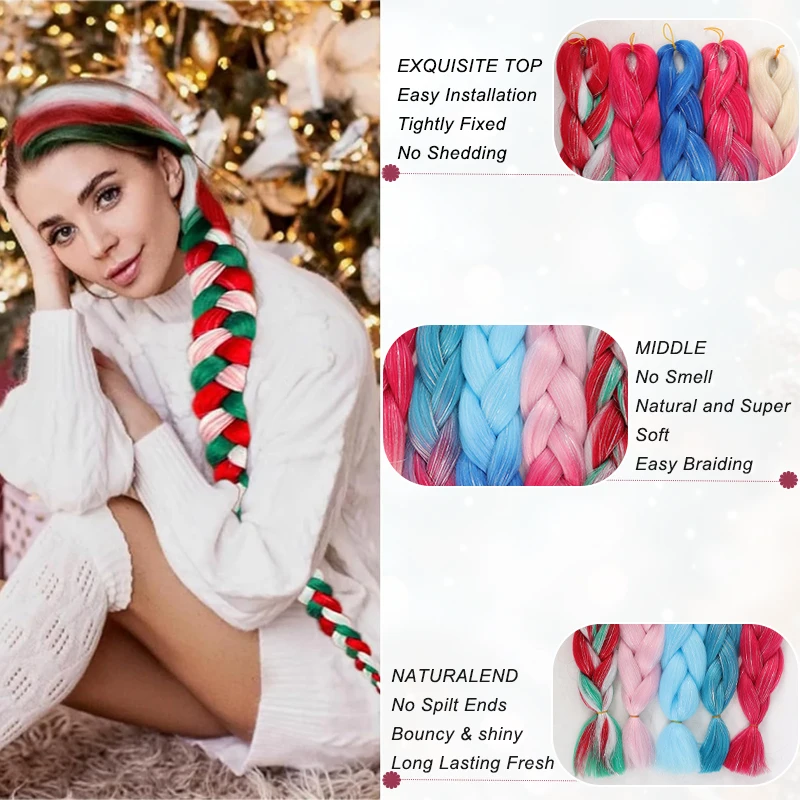 24 Inch Giant Ombre Rainbow Mixed Color Women's Braided Extension High Temperature Synthetic Fiber for Christmas Carnival Party