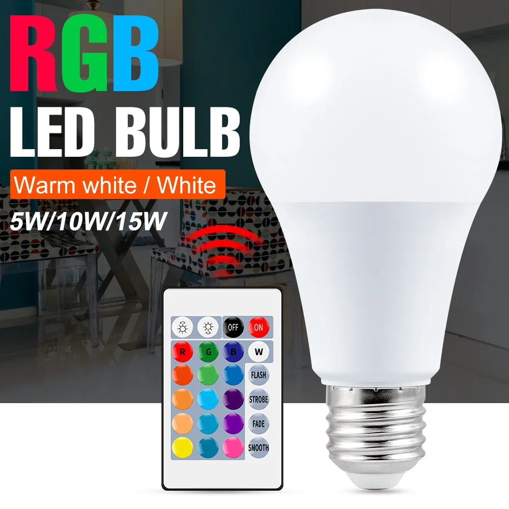 10PCS RGB Smart Light Bulb Indoor Spotlight 5W 10W 15W Led lamp E27 Changeable Colorful Lights Party Decoration Atmosphere Bulbs rnntuu 12w e27 uv purple   light bulb glow in the dark party supplies party lamp  light bar atmosphere decoration bulb