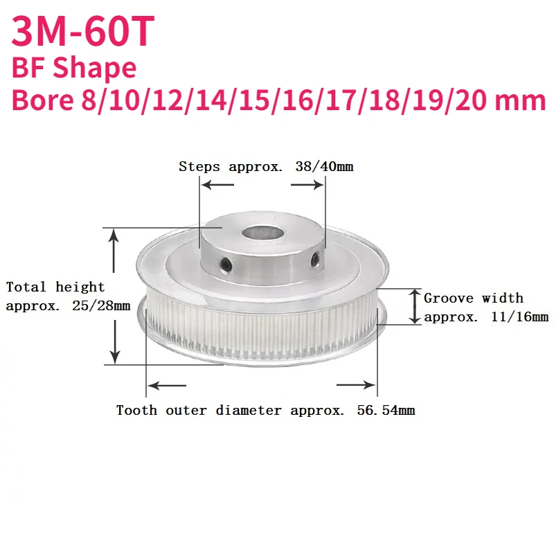

1pcs Timing Pulley 3M-60T Bore 8/10/12/14/15/16/17/18/19/20 mm Alloy Wheel Pitch 3.0 mm BF Shape For 3M Timing Belt