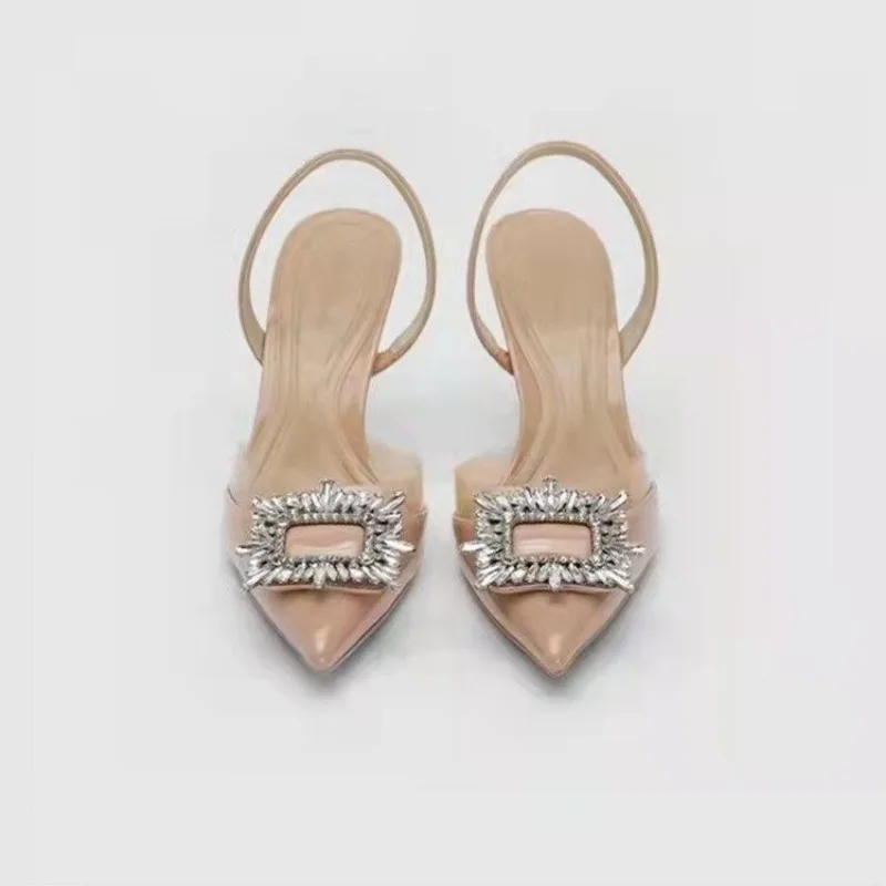 Designer Silver High Heels Sandals Women Summer Crystal Square Buckle Sandals Woman Pointed Toe Slingbacks Party Shoe