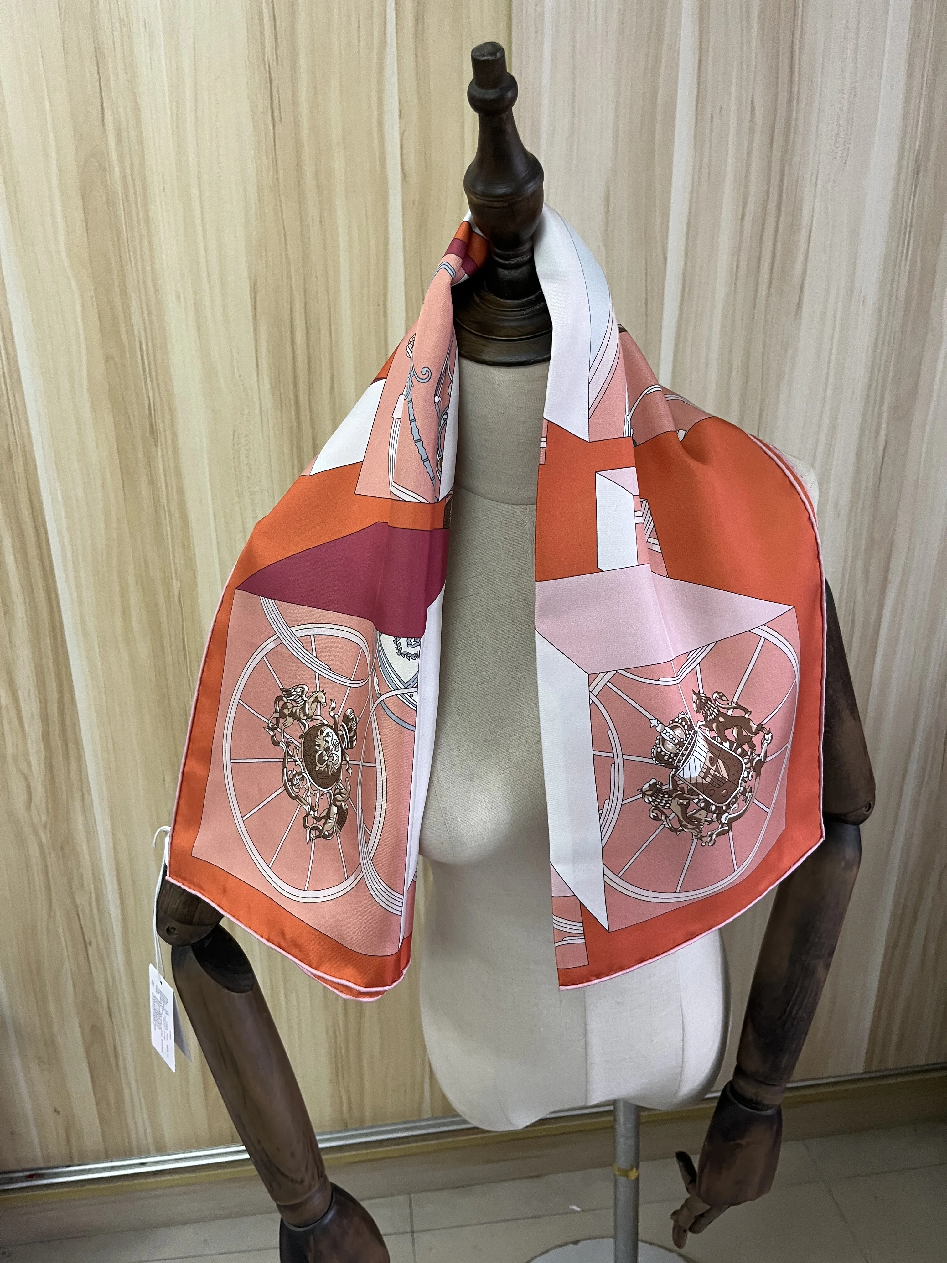 

2022 new arrival fashion brand orange 100% silk scarf 90*90 cm square shawl twill wrap for women lady hijab free shipping
