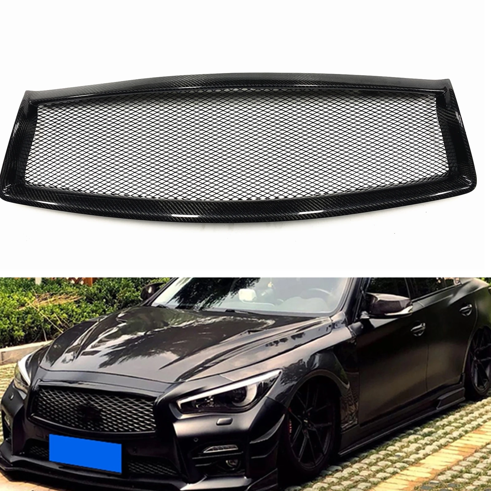 

Front Grille Racing Grill For Infiniti Q50 2014-2017 Real Carbon Fiber Honeycomb Style Car Upper Bumper Hood Mesh Body Kit Grid