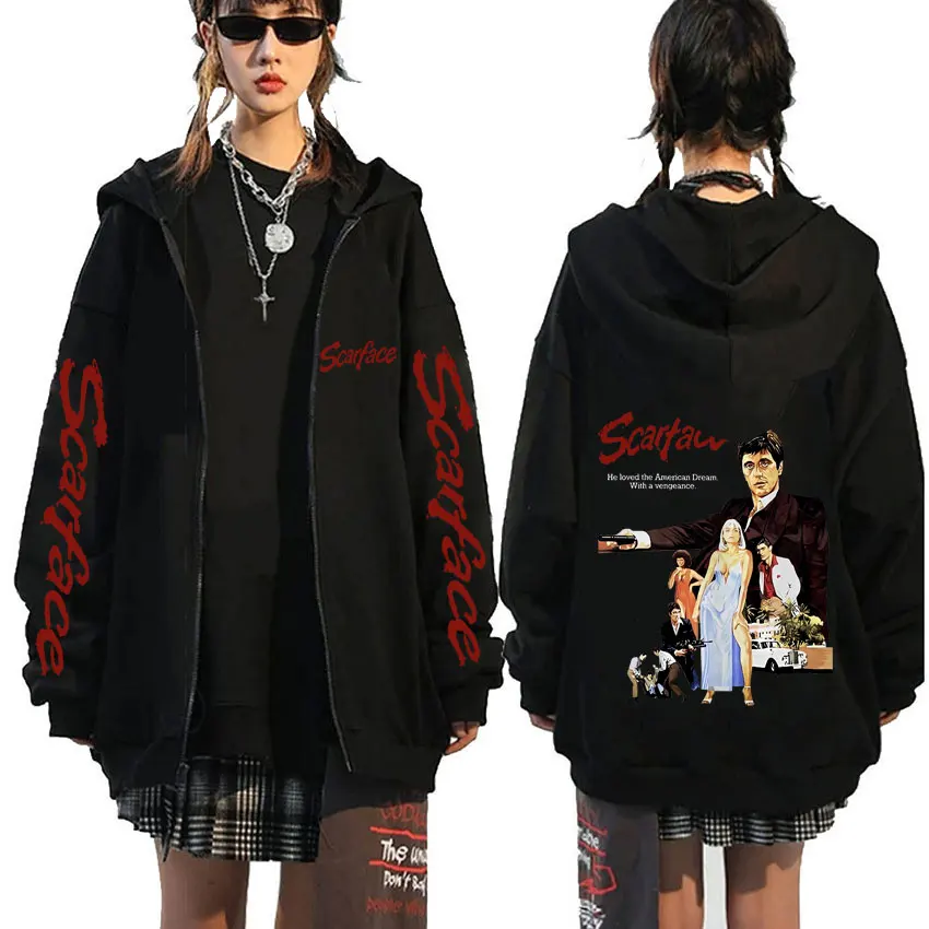 90s Vintage Movie Scarface Tony Montana Zipper Hoodie Al Pacino Print Hoodies Men Women Hip Hop Casual Oversized Zip Up Jacket