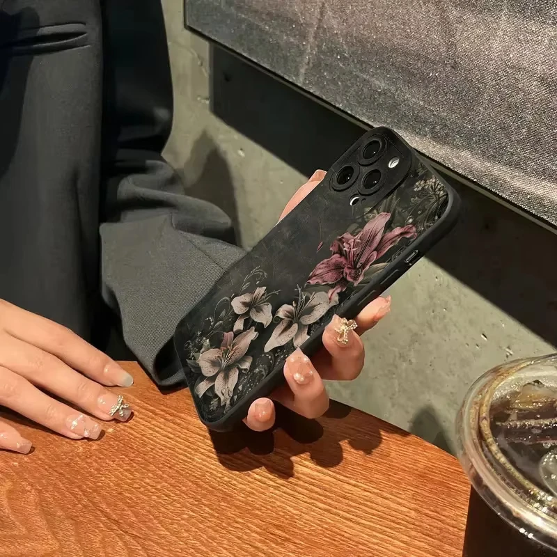 Elegant Flower Vintage Floral Shockproof Phone Case with Black Background