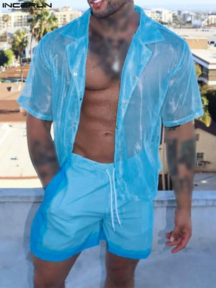 Sexy Stylish Style Tops INCERUN Men's Perspective Organza Mesh Shirts Casual Vacation Male Thin Short Sleeved Shirts S-5XL