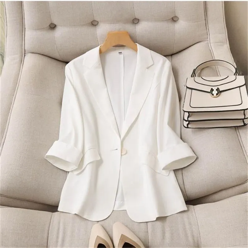 

Suit Blazer Basic Cotton Linen Three Quarter Single Button Women's Jacket Summer 2023 Korean Fashion Casual Short Jackets Coat
