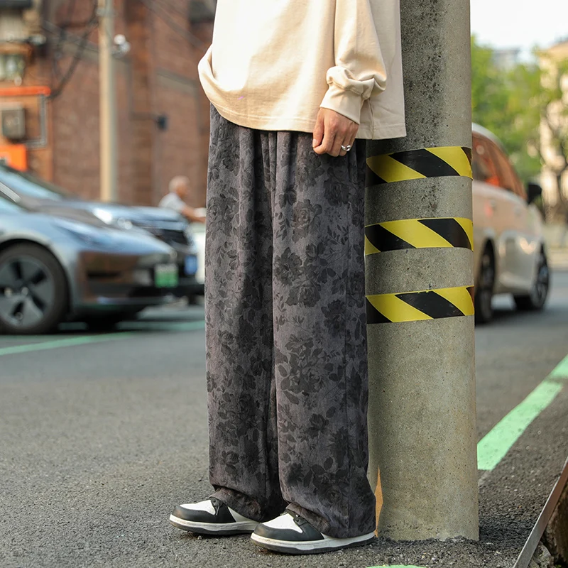 Summer Casual Pants Elastic Waist Straight Wide Leg Printed Pants Baggy Japanese Lightweight Trousers