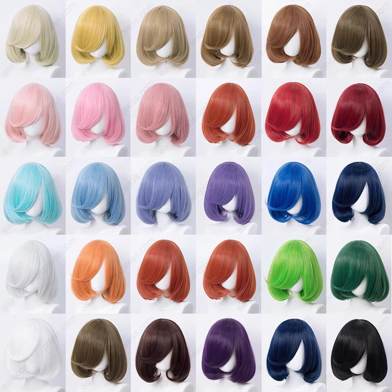 

Women Lolita Pink Red Blue Purple Cosplay Wigs 35cm Short Bob Wigs With Bangs Heat Resistant Synthetic Hair Universal Wigs