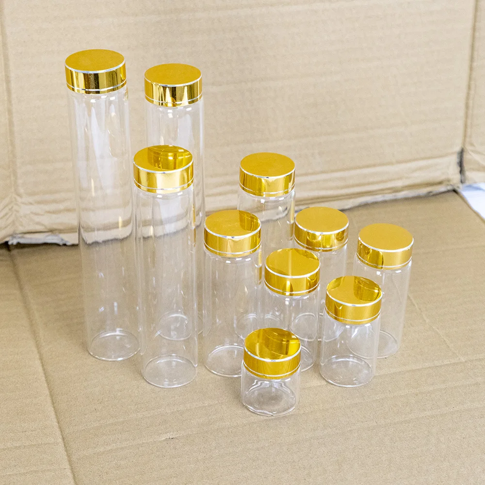 

6PCS 25ml 30ml 40ml 50ml 60ml 70ml 80ml 150ml 180ml Mini Clear Glass Bottles with Gold Screw Plastic Cap Cute Jars Vials