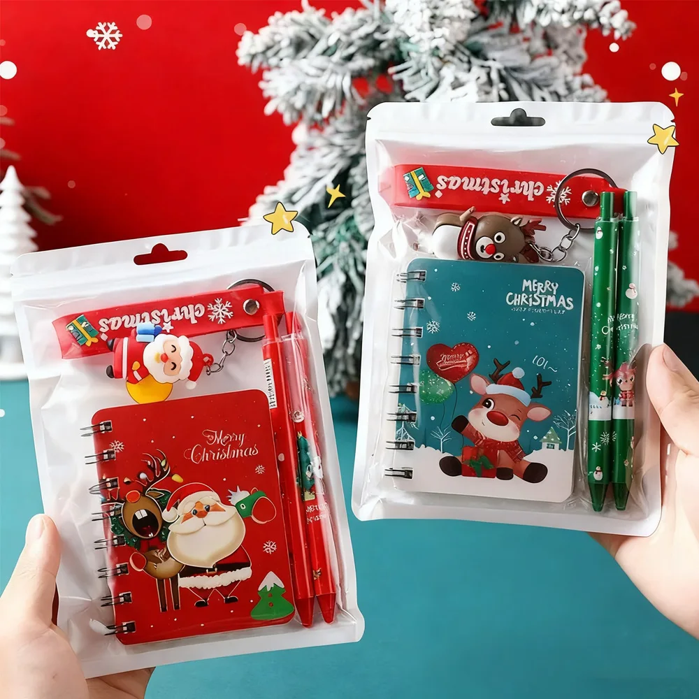 Festive Holiday Stationery Gift Set - Notebook, Gel Pen, and Christmas Keychain with Santa Snowflake Design