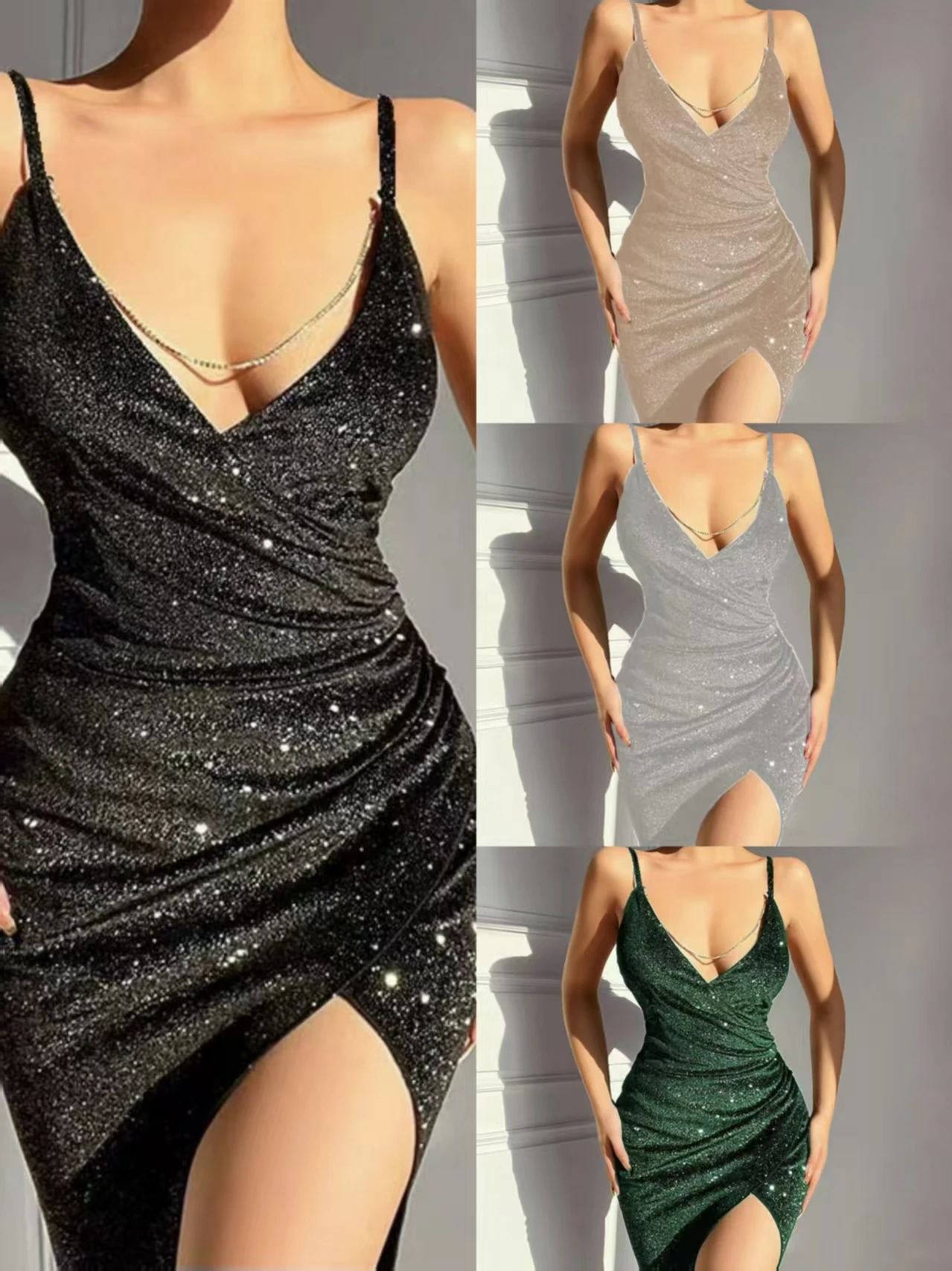 New Sexy Glitter High-Slit Deep V Neck Spaghetti Strap Dress