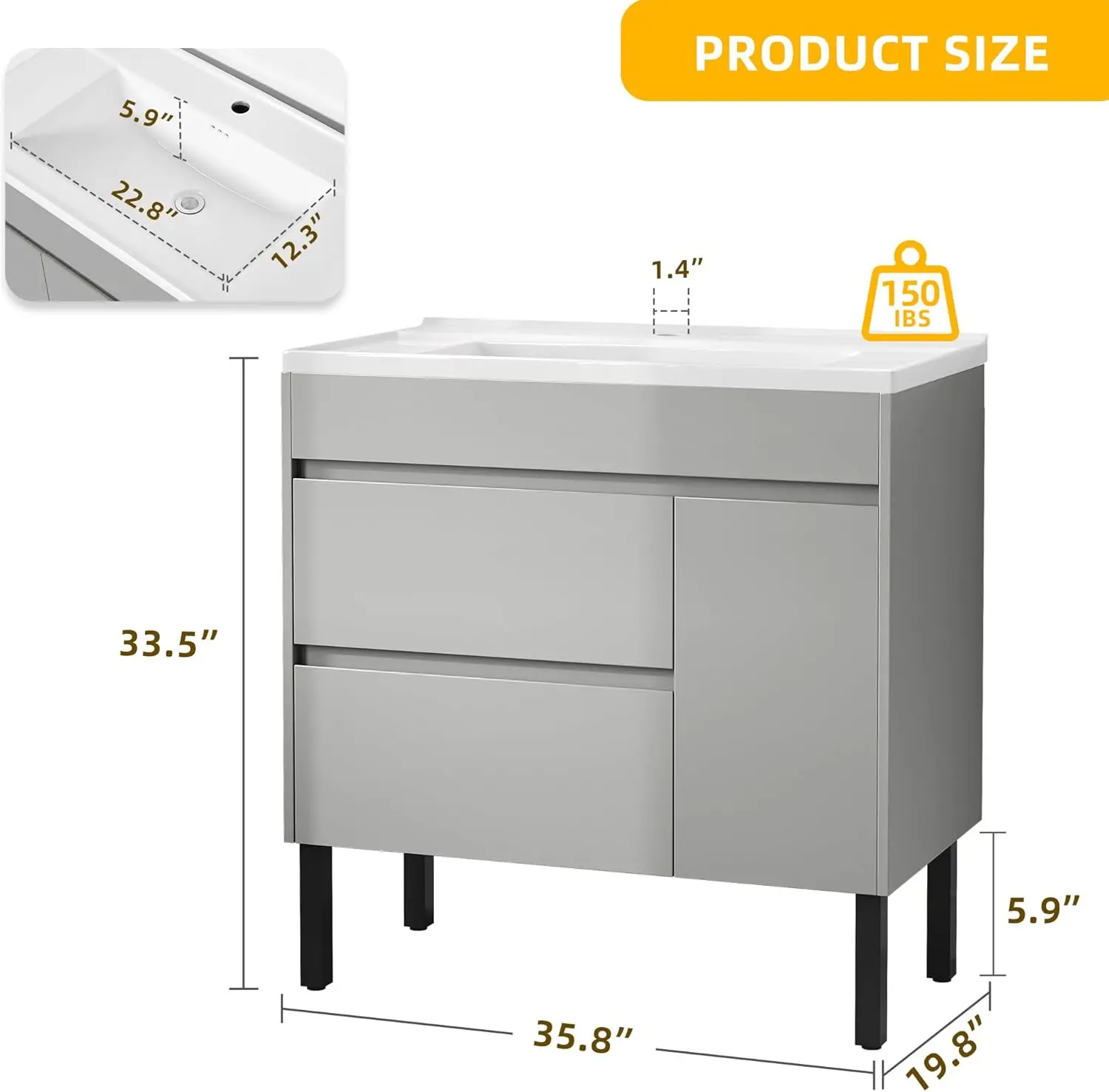 36 Inch Freestanding Bathroom Vanity Sink Combo with High-hardness Ceramic Basin Small Space Storage Adjustable Feet