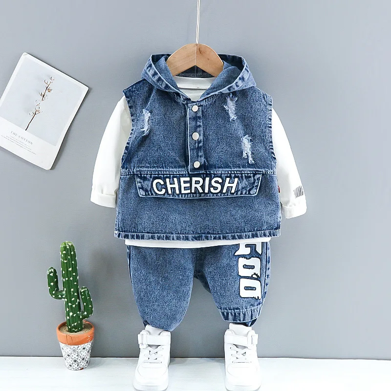 Fashion Baby Boys Denim Vest Set New Spring Jean Hooded Vest+white Long