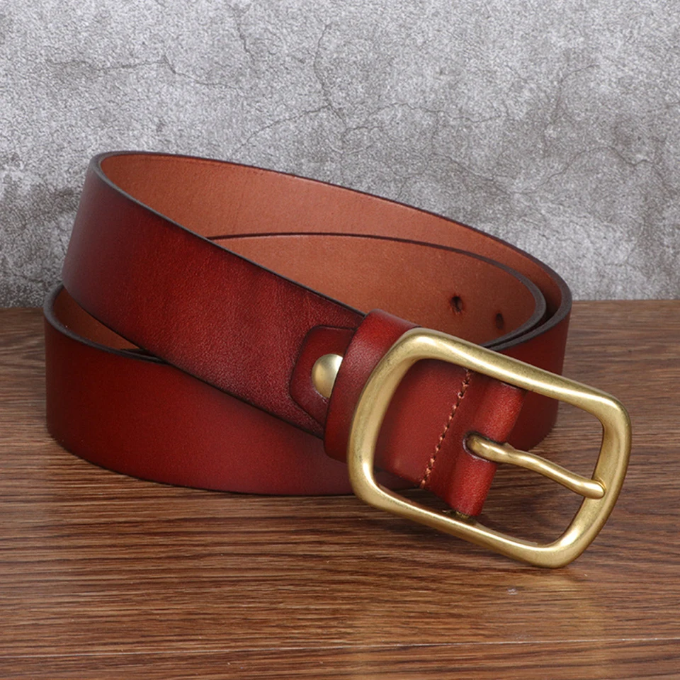Fashion New Perforated Men'S Belt Leather Retro Business Designer Waist Cover Youth Copper Buckle Travel Belt Durable A3108
