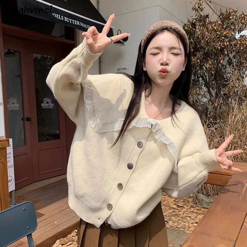 

Long Sleeve Cardigan Coats Women Knitted Beige Sailor Collar Loose Slouchy Gentle All-match Korean Temperament Female Stylish