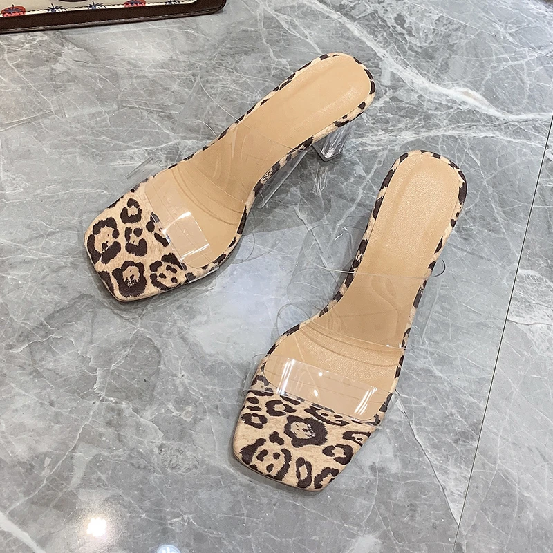 

New Leopard Print Summer Transparent Square Head Sandals Women Thick Heels Crystal Fairy Style Sexy High Heels Women's Shoes