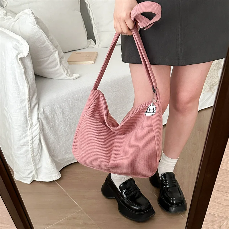 Women’s Corduroy Shoulder Bag, Casual Striped Large Capacity Tote with Zipper Closure, Cute Hat Patch, Perfect for Everyday Use 4