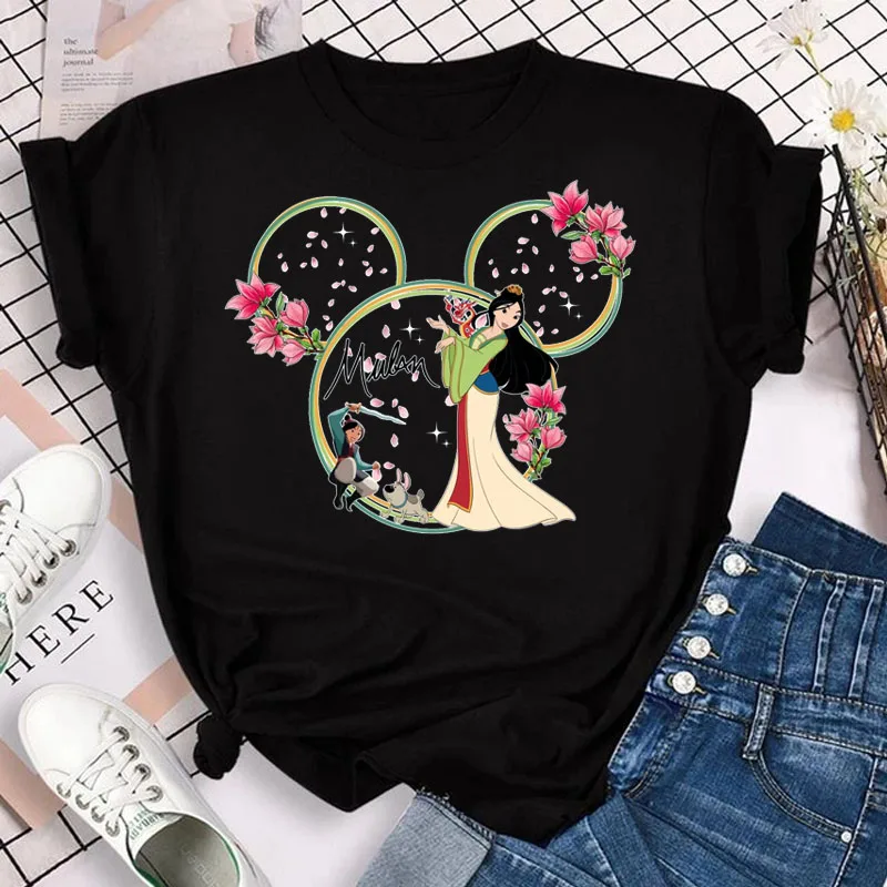 Mulan Princess Print Mickey Дамска тениска Disney Ежедневна модна тениска с къс ръкав Женска улична тениска Y2k Горнища на дрехи