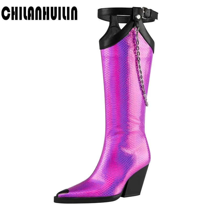 

bling embroidered pu boots woman autumn winter print leather knee high boots woman punk chains high heels cowboy botas mujer