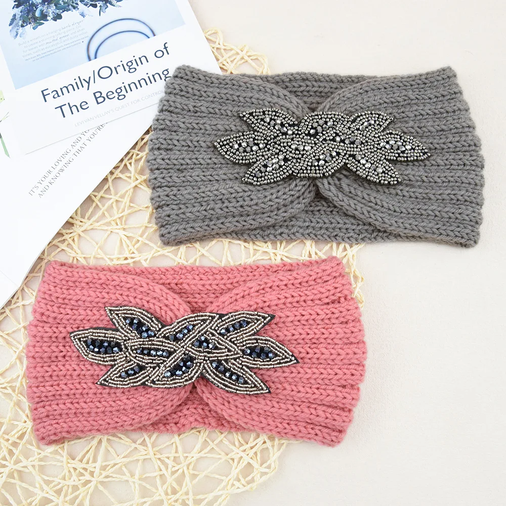 Fashion Rhinestone Crystal Beads Knitting Headband For Women Autumn Winter Warmer Ear Protection Headwrap Yoga Hair Accessories
