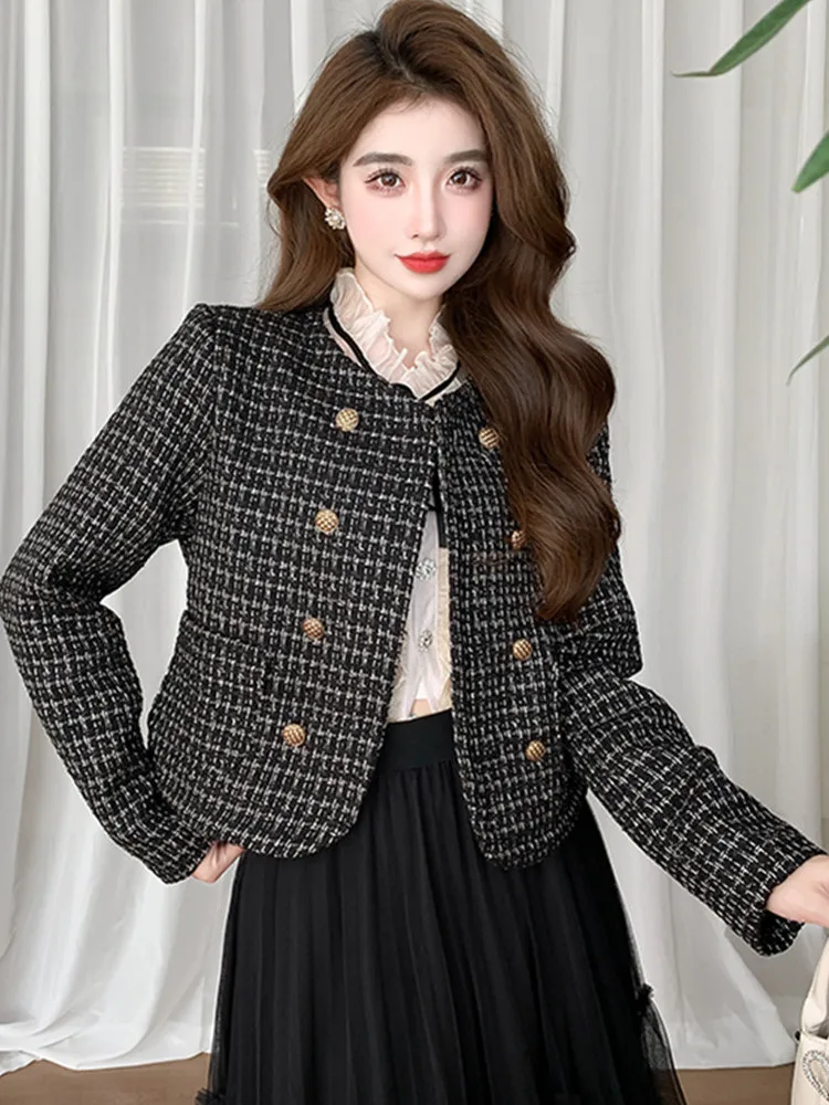 

2024 New Autumn Winter Vintage Small Fragrant Tweed Celebrity Coat Women French Double Breasted Elegant Woolen Short Coat