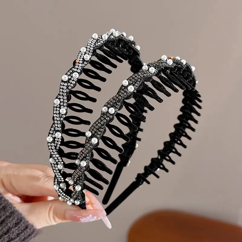 Flocked Rhinestone Pearl Headband Hair Hoops Pressed Hair Headwear Bundled Hair Bangs Broken Hair Toothed Anti-Slip Headband