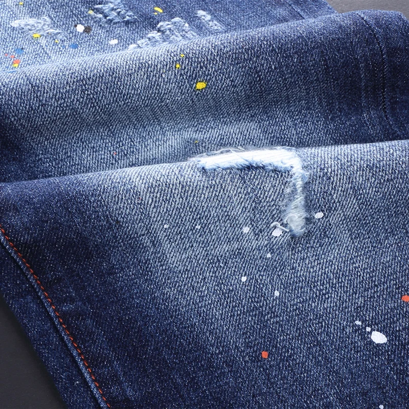 Street Fashion Men Jeans Retro Blue High Quality Slim Fit Elastic Ripped Jeans Men Vintage Trousers Brand Designer Pants Hombre